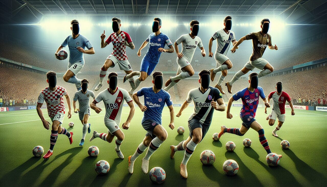 Footballeur en B en action avec supporteurs excités dans un stade.