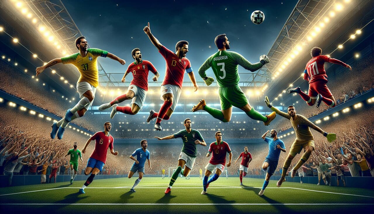 Footballeur en C exécutant des actions dynamiques dans un stade rempli de fans excités.