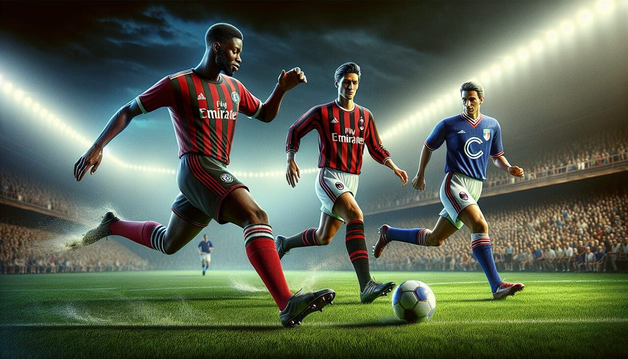 Footballeur Didier Drogba en action de frappe, Marcel Desailly défenseur de l'AC Milan, Kenny Dalglish dribbleur talentueux.