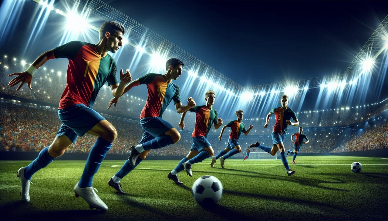 Footballeurs en action sur terrain, maillots nom "E" clairement visibles, stade lumineux et supporters enthousiastes.