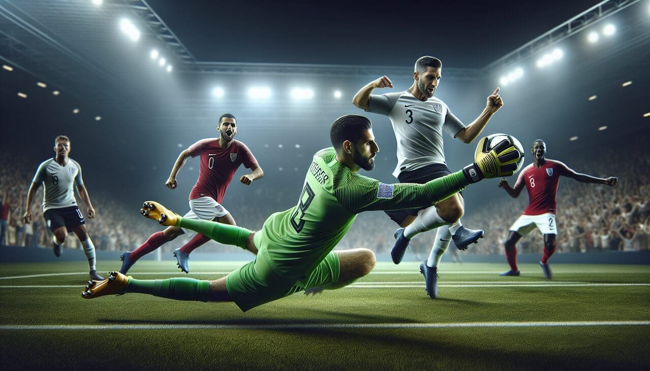 Footballeur en G - Match intense avec gardien plongeant, milieu contrôlant le ballon et attaquant célébrant un but.