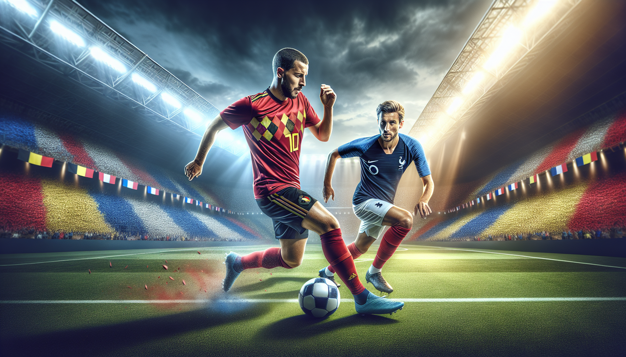 Footballeur belge dribble devant footballeur français dans un match international.