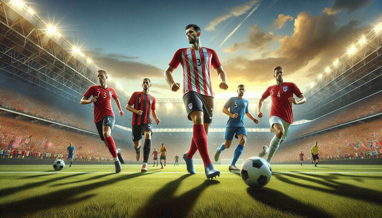Footballeur en action sur le terrain, concentré et déterminé, sous le ciel bleu avec des fans en arrière-plan.
