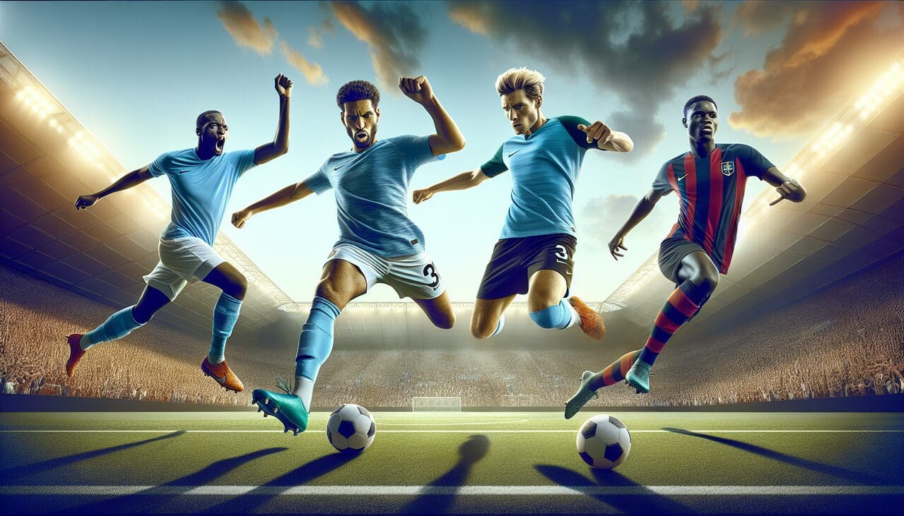 Footballeur Kevin De Bruyne, Kalidou Koulibaly et Kylian Mbappé en action sur le terrain.