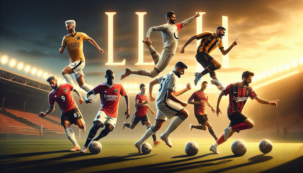 Footballeur en L sur le terrain avec diverses actions sportives.