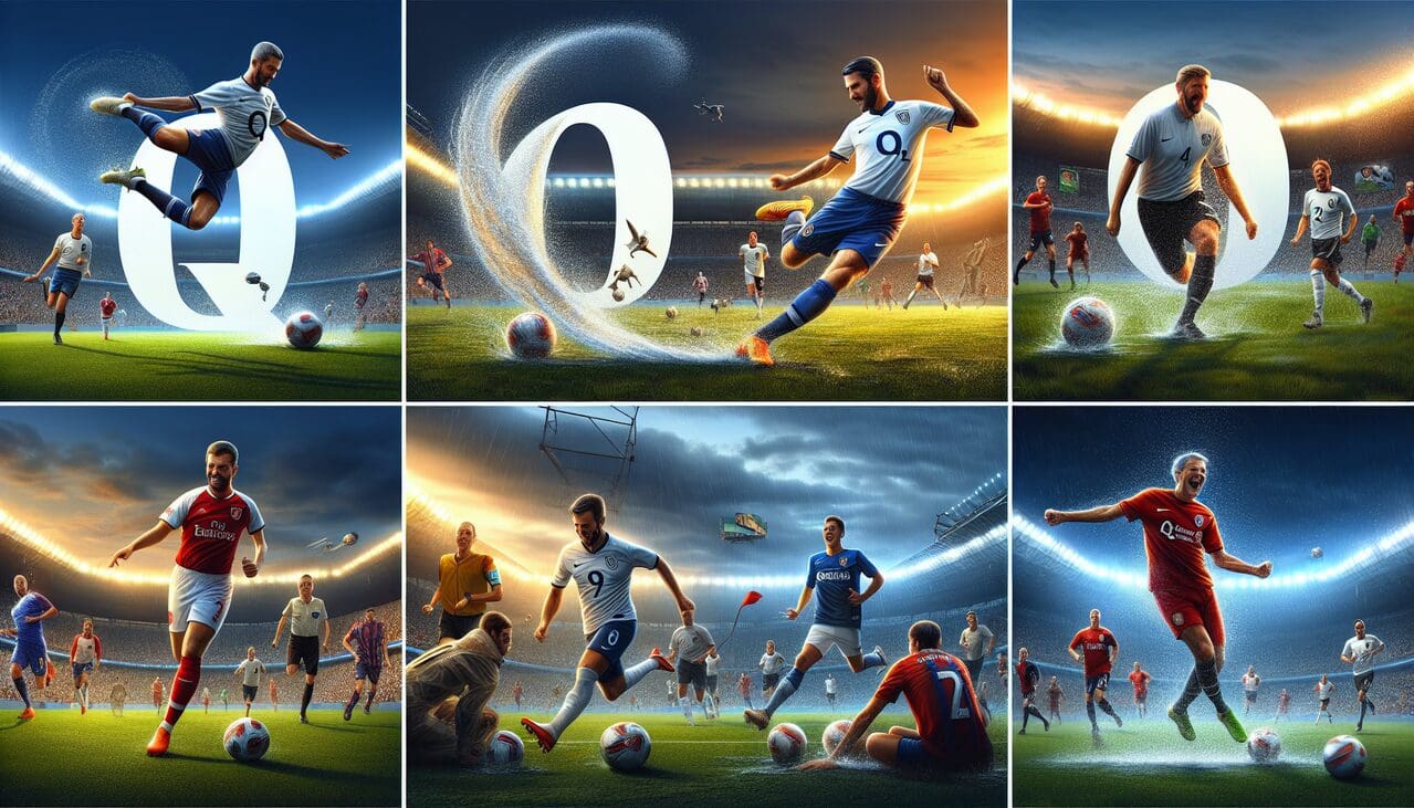 Groupe de footballeurs célèbres exécutant diverses actions sur un terrain, des images réalistes et détaillées.
