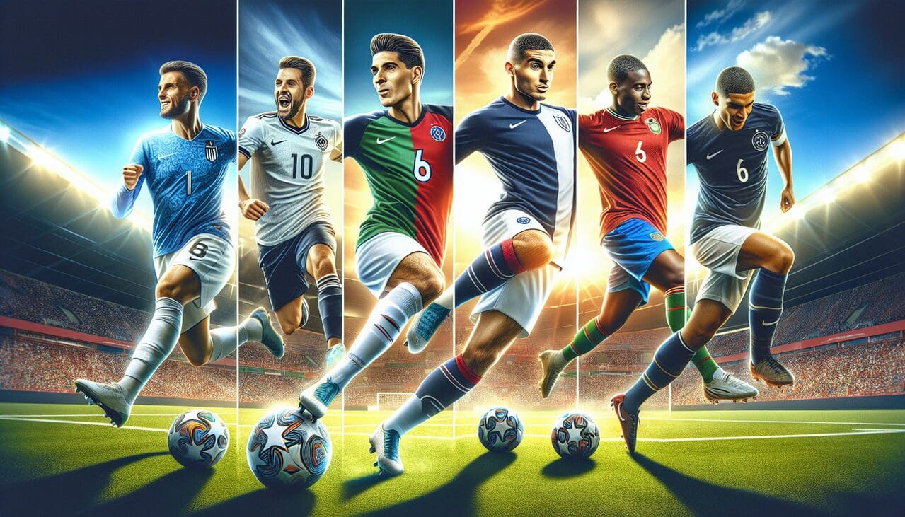 Footballeurs Ronaldo, Ronaldinho, Ribéry, Rivaldo, Roberto Carlos et Ramos jouant sur un terrain de football vibrant.