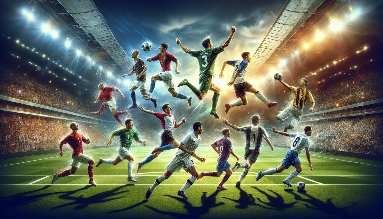 Footballeur en S en action : Lionel Scaloni, Hugo Sánchez, Luis Suárez dans un collage dynamique sur le terrain.