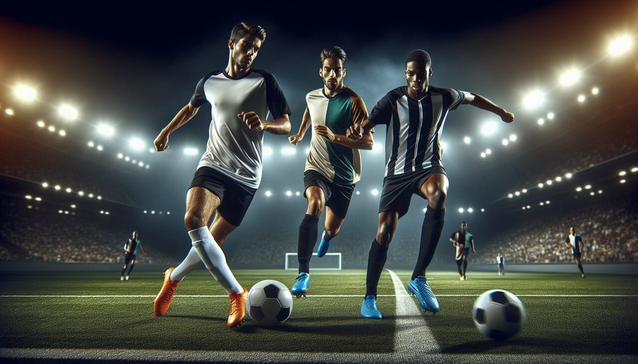Footballeur en V en plein match sur un terrain éclairé avec foule floue.