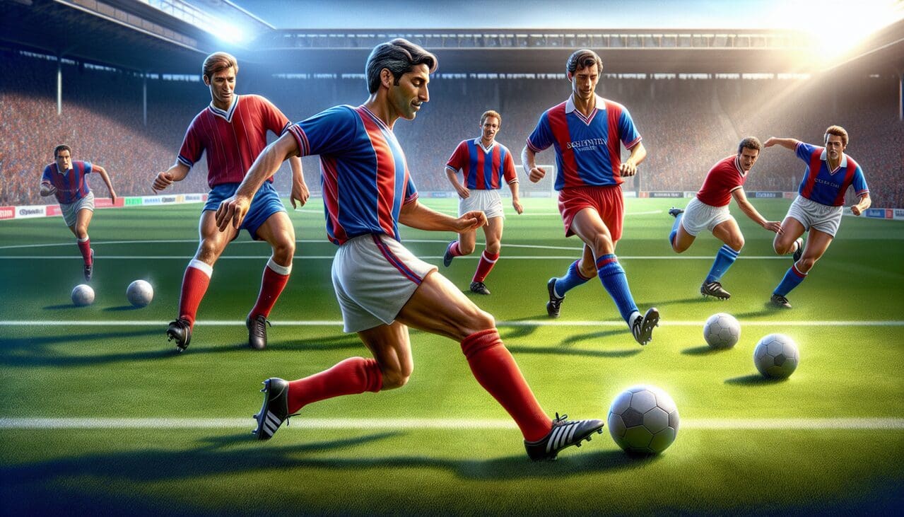 Footballeur en X : Joueurs dynamiques portant maillots personnalisés vibrant en stade.