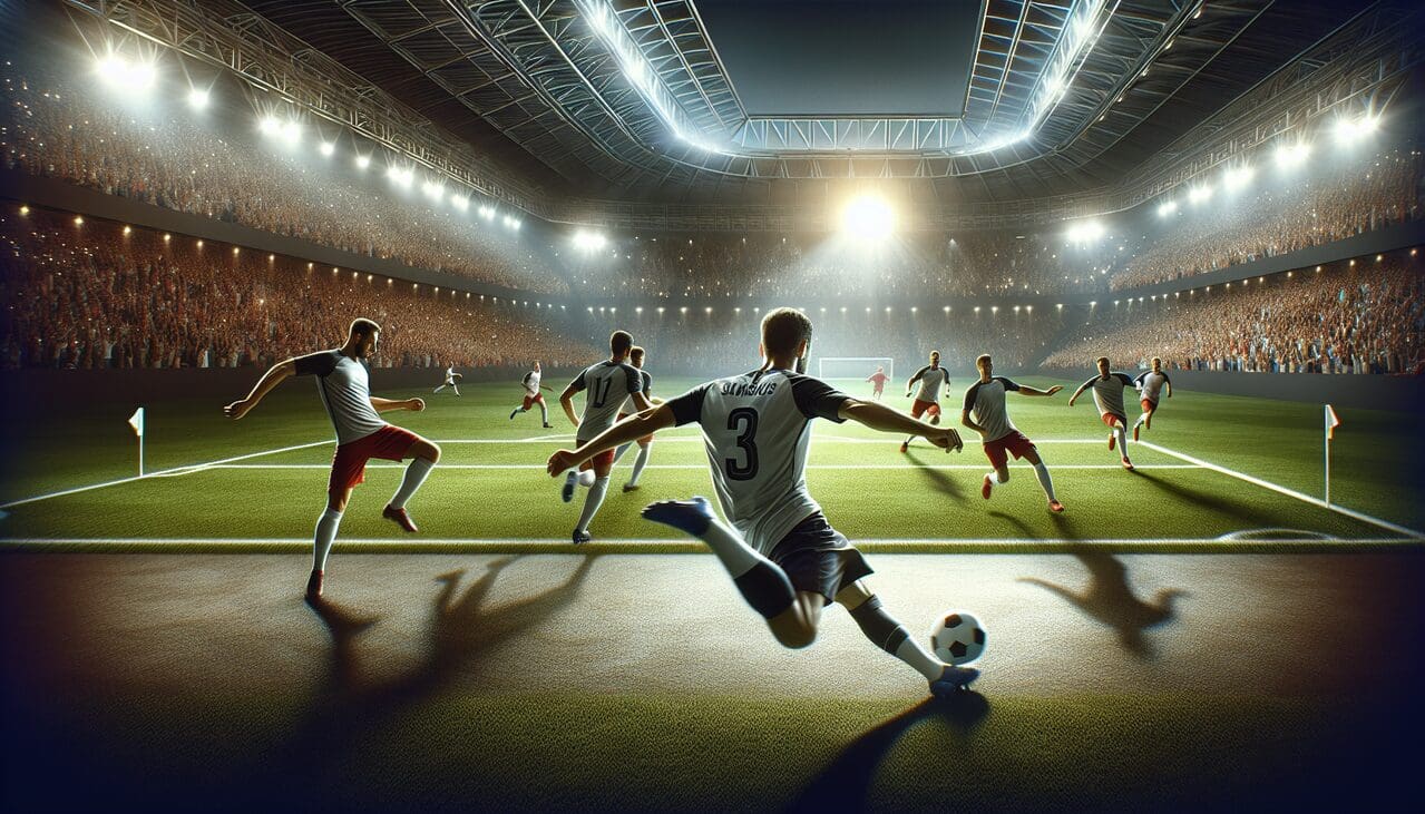 Footballeur réalise un puissant coup de pied sur le terrain, stade bondé.