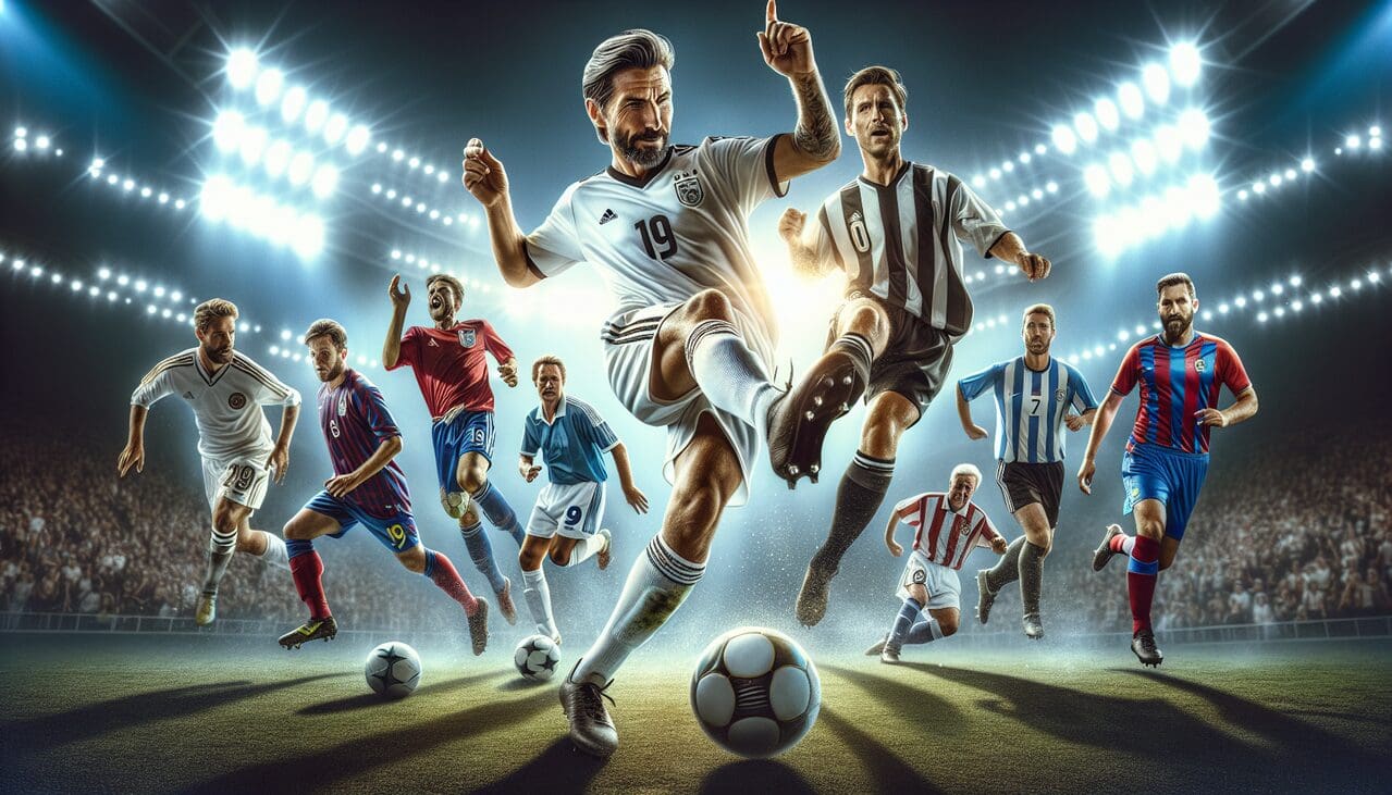 Footballeur célèbre en action sur un terrain de football illuminé par des projecteurs.