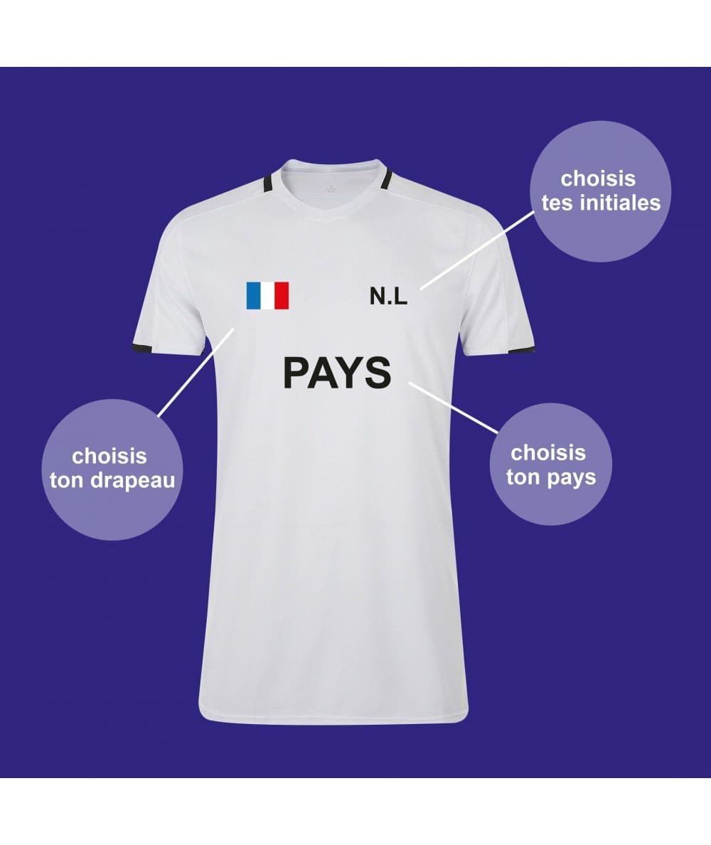 Maillot de foot personnalisable blanc avec prénom et numéro au dos pour une équipe unique