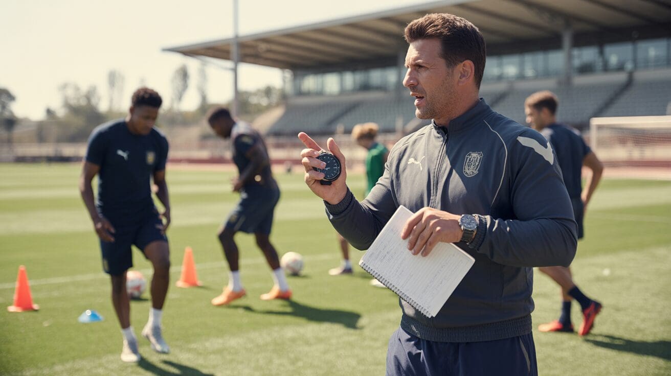 Scène réaliste d’un entraîneur de football professionnel guidant son équipe pendant un entraînement sur un vrai terrain extérieur, avec des joueurs en action et une atmosphère naturelle et authentique.