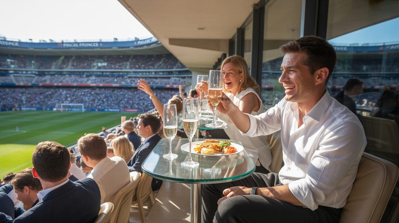 Scène réaliste d'une expérience VIP au Parc des Princes à Paris pendant un match, avec invités élégants profitant d'une vue privilégiée sur le terrain et une ambiance authentique.